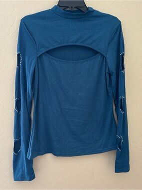 Blue Long-Sleeve Cutout Top with Sleeve Embellishments